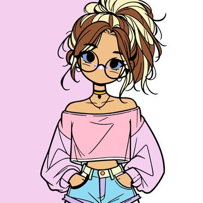 girl with a messy ponytail glasses a baggy crop top and jean shorts