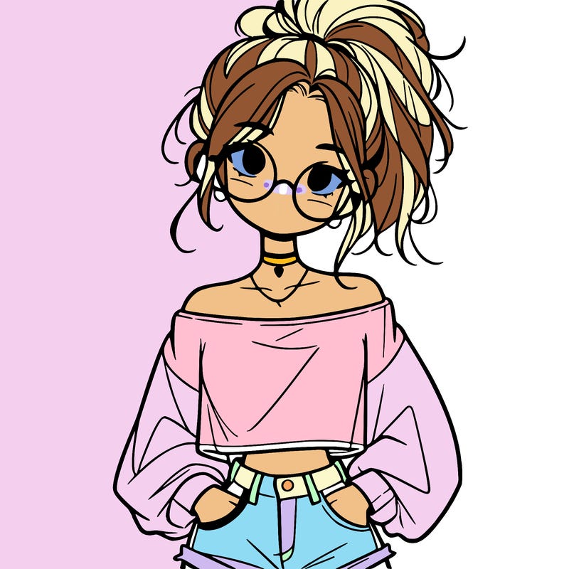 girl with a messy ponytail glasses a baggy crop top and jean shorts