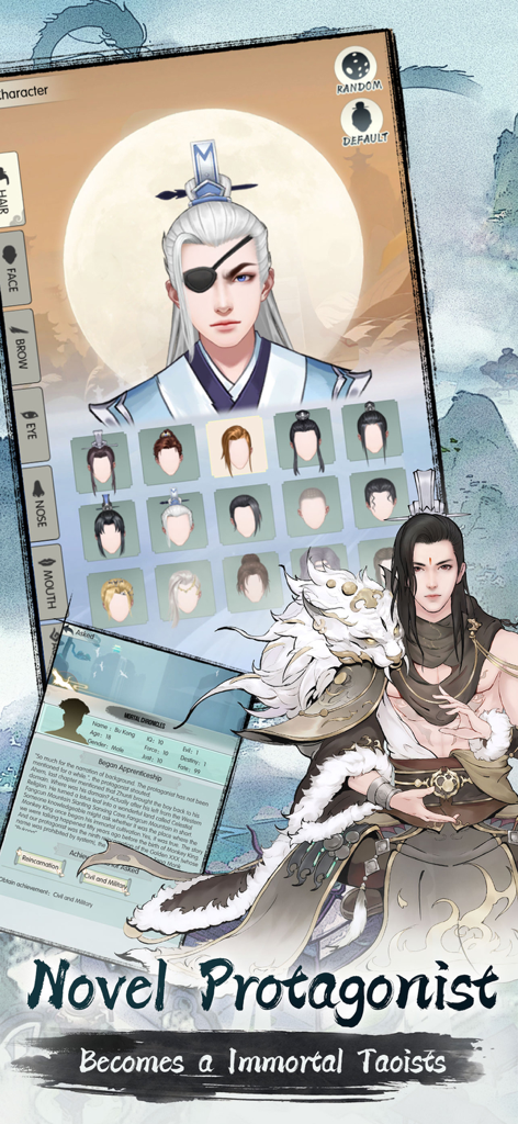 Infinite Cultivation - Character customization screen for a novel protagonist in the Infinite Cultivation mobile game