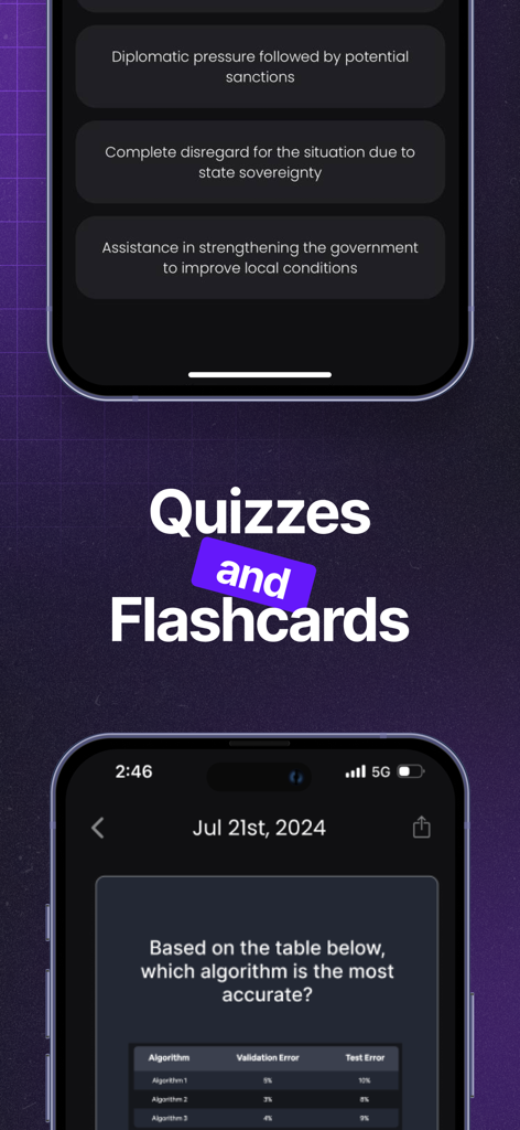 Interface of Turbo AI Notetaker showing AI-generated quiz questions and study materials based on class notes.
