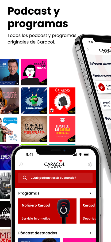 Interfaz de la aplicación Caracol Radio mostrando el catálogo de podcasts y la función de búsqueda de programas.