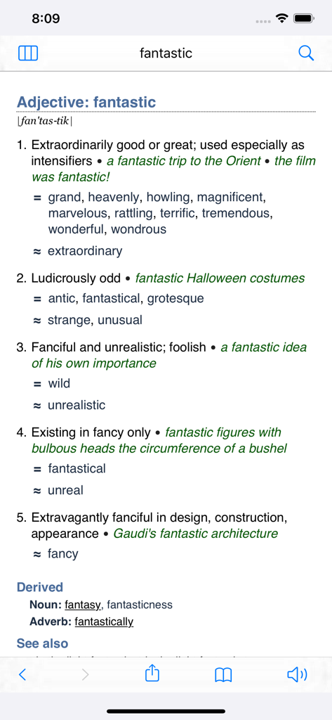A screenshot of the WordWeb Dictionary app showing multiple definitions and synonyms for the word fantastic.