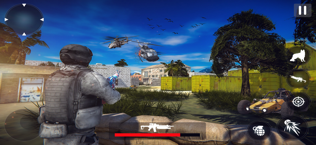 Call of Sniper War Game - Um soldado com equipamento militar enfrenta helicópteros e contêineres em um jogo de tiro 3D