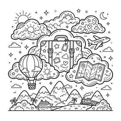 Embark on a fanciful journey with this delightful coloring page, blending fluffy cumulus clouds with the excitement of a dream vacation. Explore a world filled with travel icons, from suitcases and airplanes to maps and serene landscapes, all waiting for your creative touch.