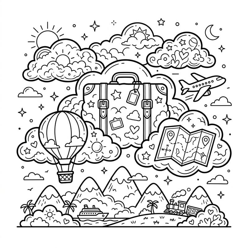 Embark on a fanciful journey with this delightful coloring page, blending fluffy cumulus clouds with the excitement of a dream vacation. Explore a world filled with travel icons, from suitcases and airplanes to maps and serene landscapes, all waiting for your creative touch.
