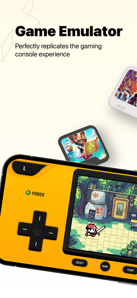 RetroHub app interface showing a pixel art RPG on a yellow handheld console emulator