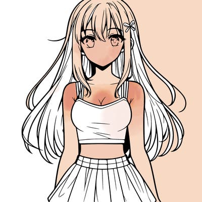 a teen anima girl with long hair and a crop top and skirt