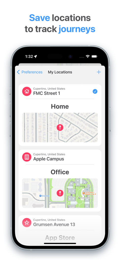 Find My Car app interface showing saved home and office locations for tracking journeys