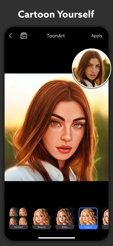 Polaroid AI Photo : ToonArt - Interface do aplicativo ToonArt mostrando um retrato de mulher sendo transformado em um estilo de desenho animado digital com várias opções de filtro como charme e beleza