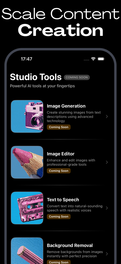 AI Studio - AI Video Generator - AI Studio의 모바일 앱 인터페이스는 이미지 생성 및 텍스트 음성 변환과 같은 예정된 AI 콘텐츠 제작 도구를 보여줍니다.