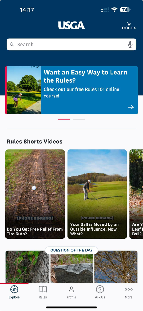 The Official Rules of Golf - Home screen of the Official Rules of Golf app by USGA featuring rules videos and a search bar