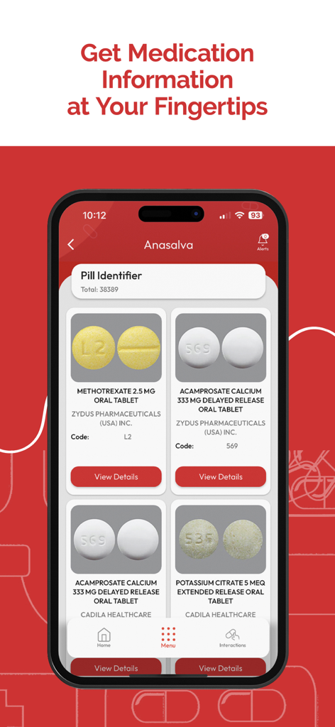 ANASALVA - Una pantalla móvil que muestra la herramienta identificadora de píldoras de ANASALVA con imágenes y descripciones de diferentes medicamentos.