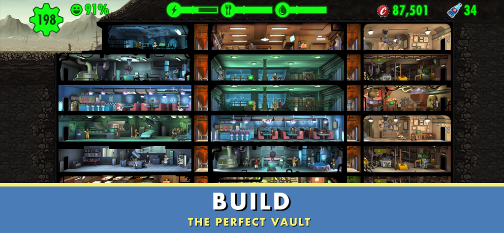 A cross-section view of a large multi-level underground vault in Fallout Shelter showing various rooms and dwellers with a banner that says Build the Perfect Vault