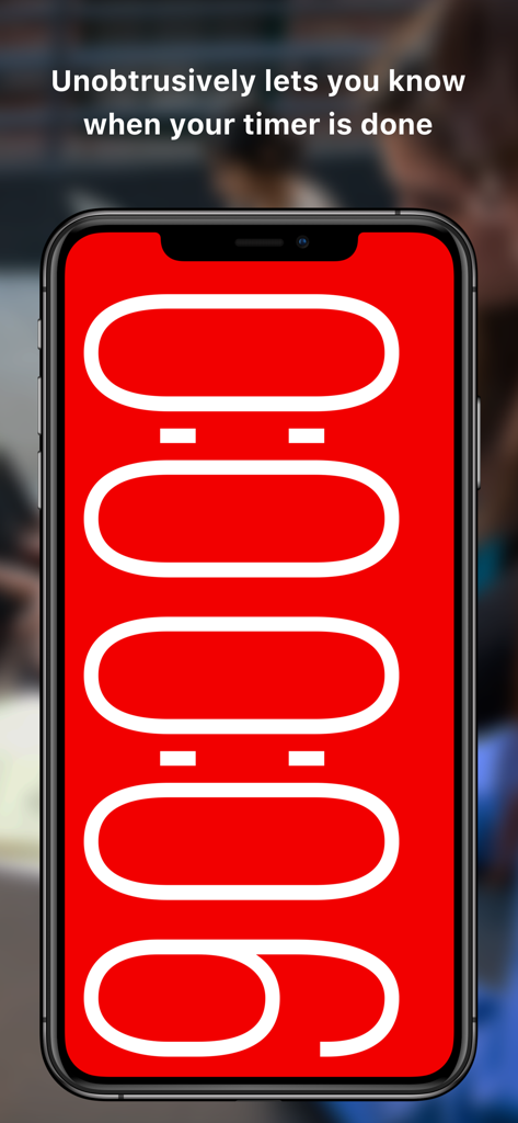 Silent Touch Timer - iPhone screen showing a bright red visual alert and overtime counter for the Silent Touch Timer app