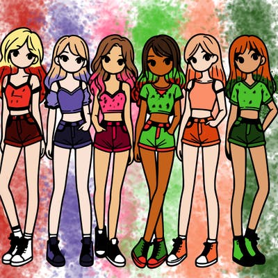 a group of girls wearing crop tops and shorts