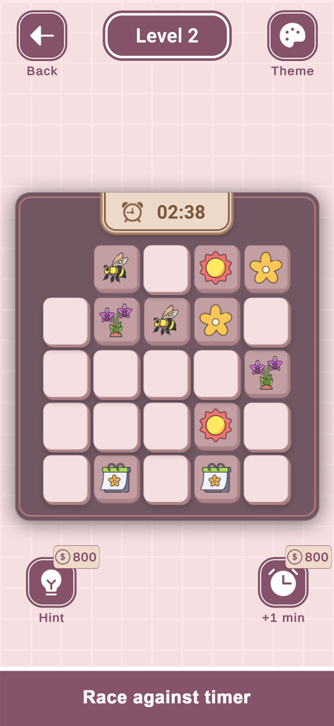 Level 2 gameplay of Flip The Tile matching game showing a grid of nature icons and a countdown timer