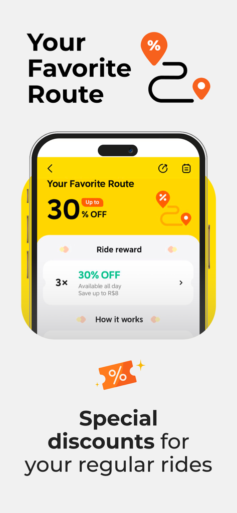 Un écran de smartphone affichant l'offre de réduction spéciale de l'application 99 pour un itinéraire de voyage favori