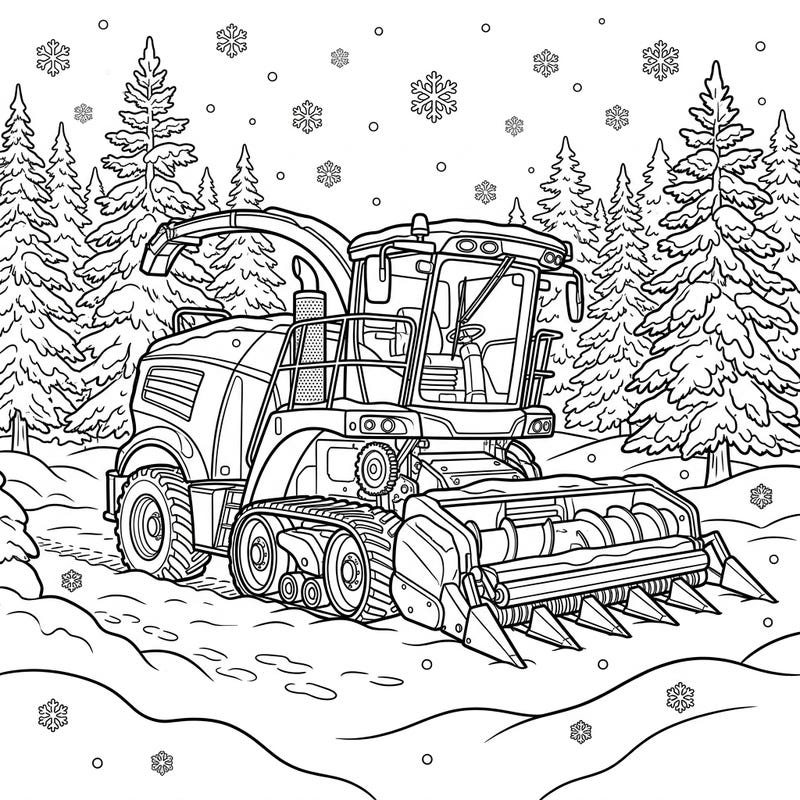 Experience the unique beauty of a winter farm scene with this intricate forage harvester coloring page. Get ready to bring vibrant colors to the powerful machinery and the enchanting snowy landscape.