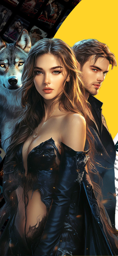 Digital art of a young woman and man with a large wolf representing werewolf romance stories on TapRead