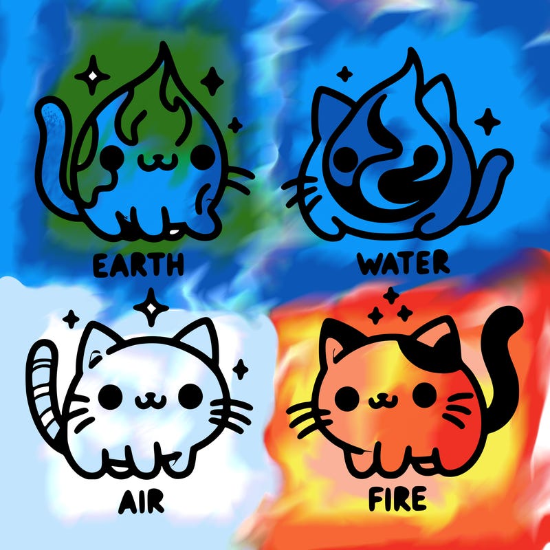 4 cats that represent the different elements, earth, water, air, and fire
