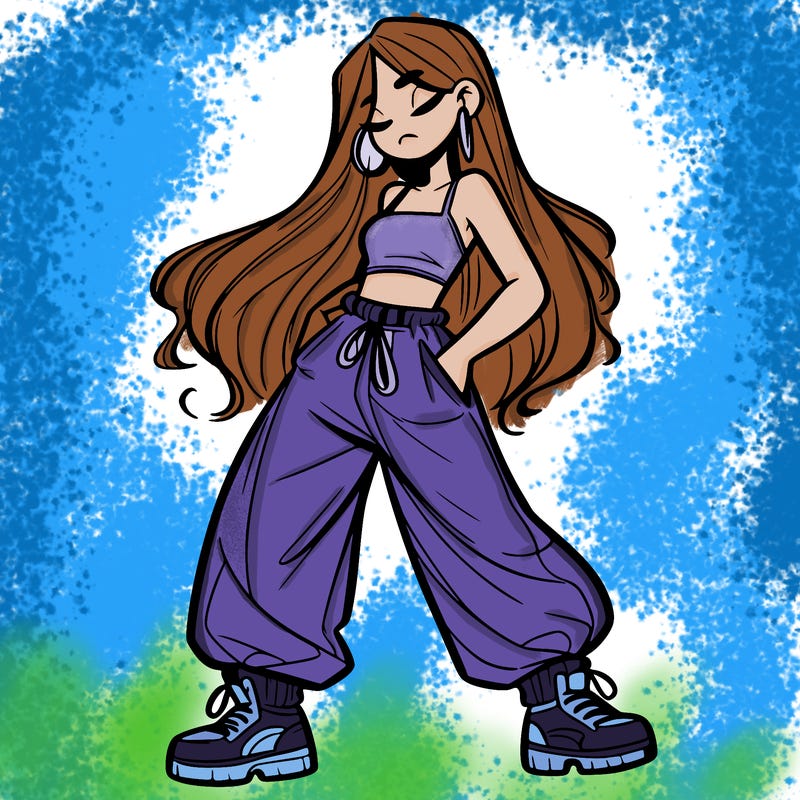 girl in baggy pants crop top and long hair