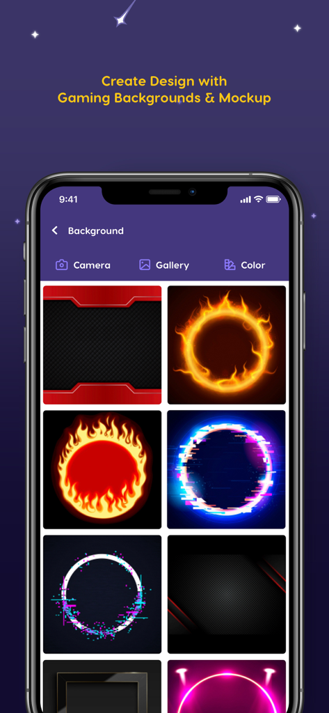 Logo Esport Maker - Logo Maker - Mobile app interface for Logo Esport Maker showing a gallery of gaming backgrounds and mascot logo mockups including fire and glitch circle effects.