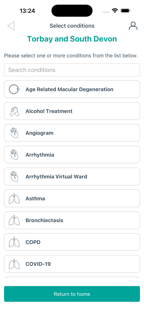 CONNECTPlus - Screen of the CONNECTPlus app displaying a searchable list of medical conditions including Asthma and COPD for selection.