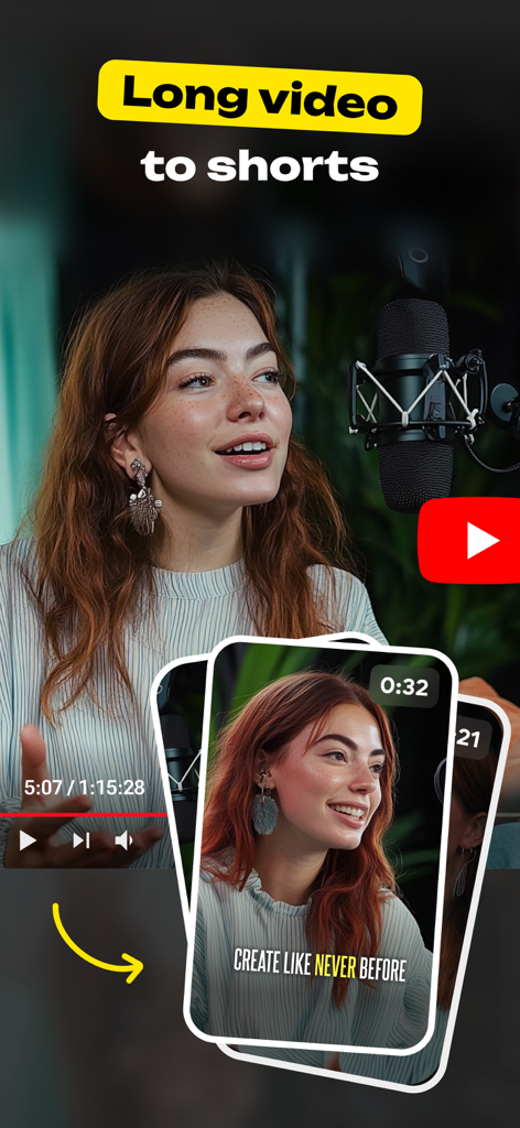 ソーシャルメディア用にキャプション付きのショートクリップに変換されている長編動画を示すLiroアプリのインターフェース