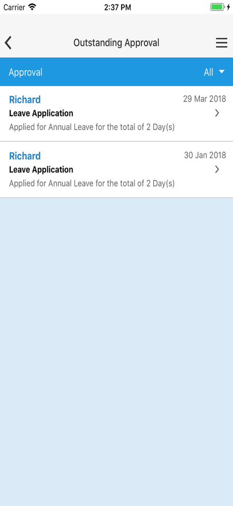 Pro-Int HRIS Mobile - Outstanding approval screen in the Pro-Int HRIS mobile app showing leave applications