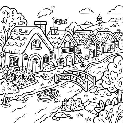 Immerse yourself in the cuteness of a Kawaii riverside village. This charming coloring page features adorable cottages nestled along a peaceful river, perfect for a relaxing coloring session.