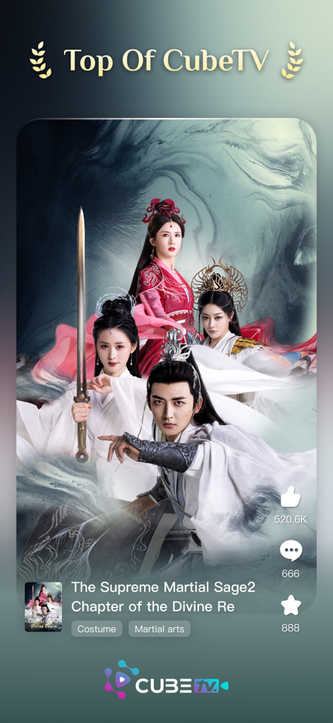 CubeTV app screen displaying the top trending martial arts short drama title and characters