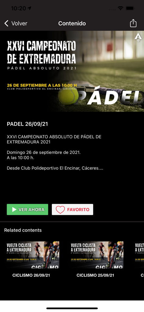 CANALDEPORTE - Detailed view of a padel tournament event on the CANALDEPORTE sports streaming app