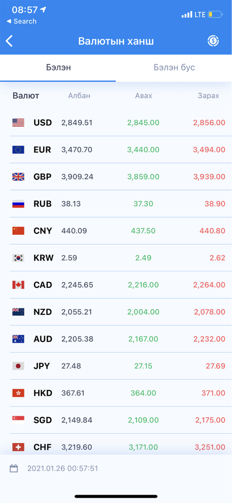 TDB Online - TDB Online app interface displaying real-time foreign exchange rates for USD, EUR, GBP and other global currencies against the Mongolian Tugrik