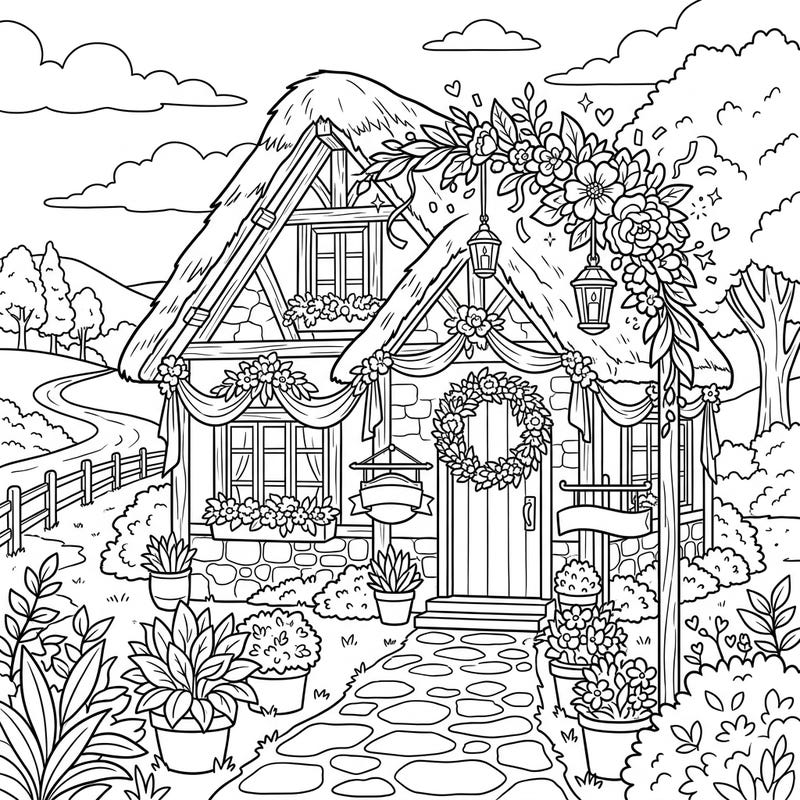 Get ready for a heartwarming celebration with this charming wedding cottage coloring page, perfect for young imaginations. Your child can bring this beautifully decorated home, set amidst a lovely garden, to life with their favorite colors.