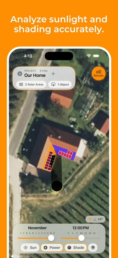 Interface do aplicativo Solartelligent PV Planner mostrando o mapeamento de painéis solares e simulação de sombreamento em um telhado residencial.