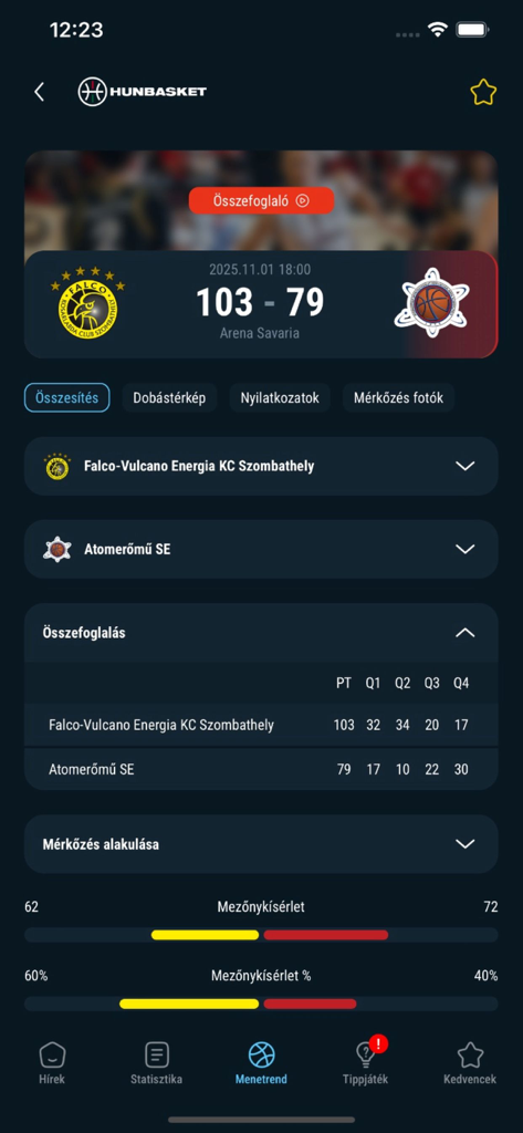Screenshot of Hunbasket app displaying basketball match scores and team statistics