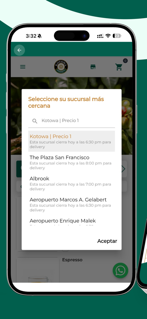Kotowa Coffee House mobile app store locator screen