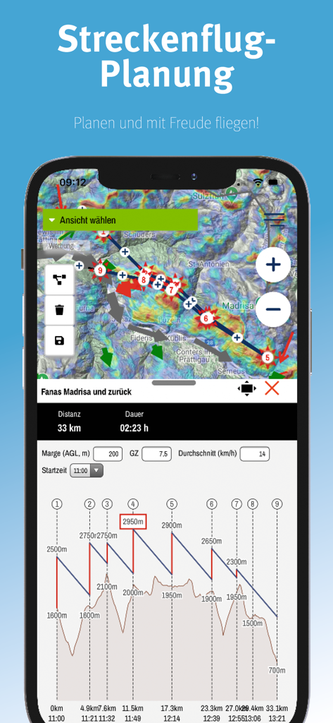 burnair Map - burnair Map app interface showing paragliding cross-country flight planning with route map and altitude profile