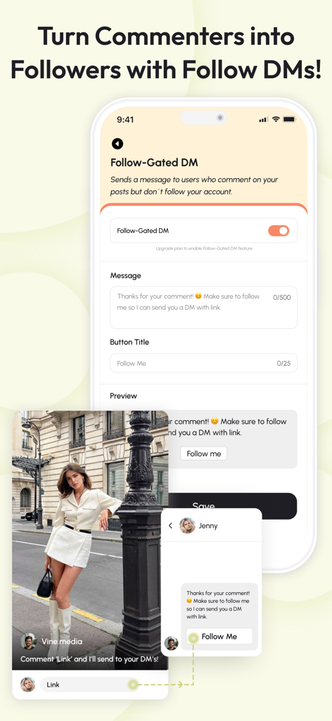 ReplyRush Comment Auto Reply - ReplyRush app screen showing the Follow-Gated DM feature which sends automated messages to Instagram commenters who are not yet followers.