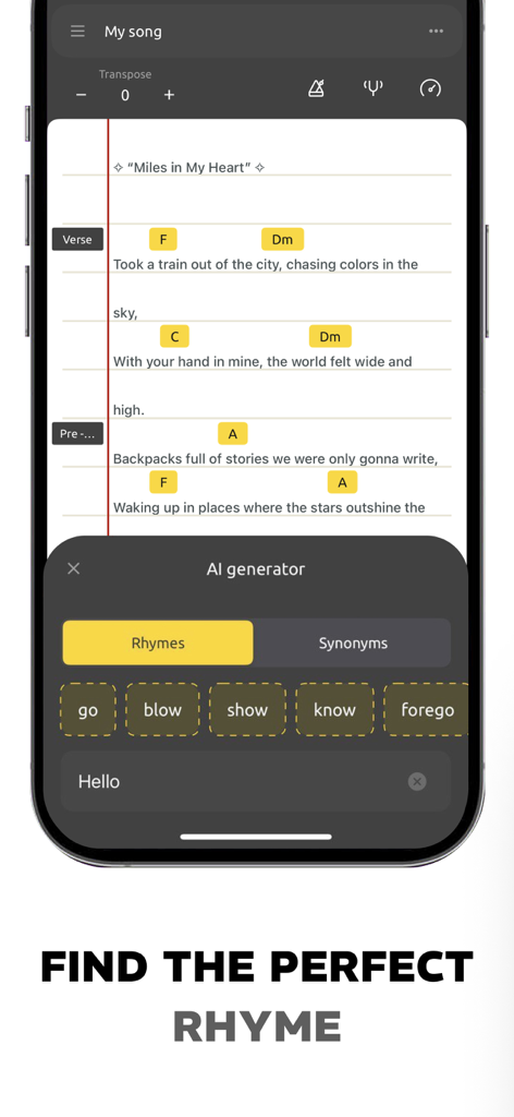 A mobile app interface showing lyrics with chords and an AI rhyme generator providing word suggestions for songwriting.
