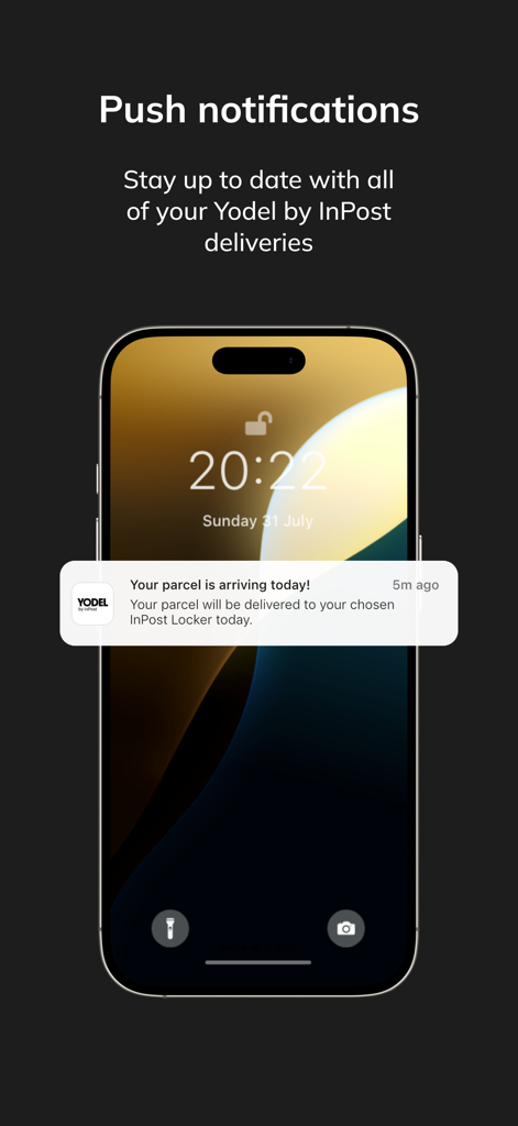 Mobile phone showing a push notification from the Yodel by InPost app about a parcel delivery