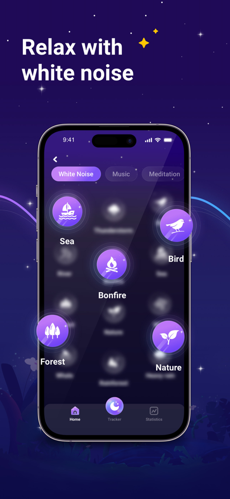 Sleep Wellアプリのインターフェース。焚き火や自然などのホワイトノイズサウンドオプションが表示されています。