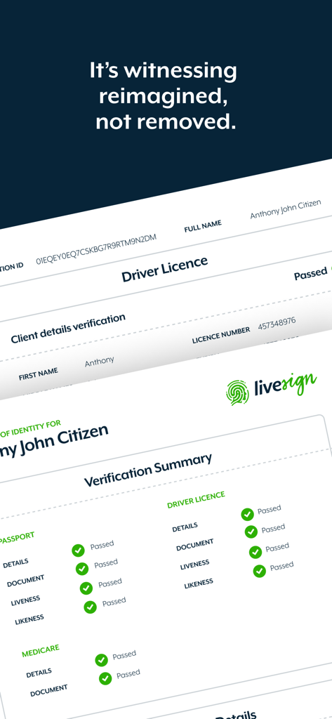 Un rapporto di riepilogo della verifica dell'identità digitale nell'app livesign che mostra lo stato di verifica superato per documenti e biometria.