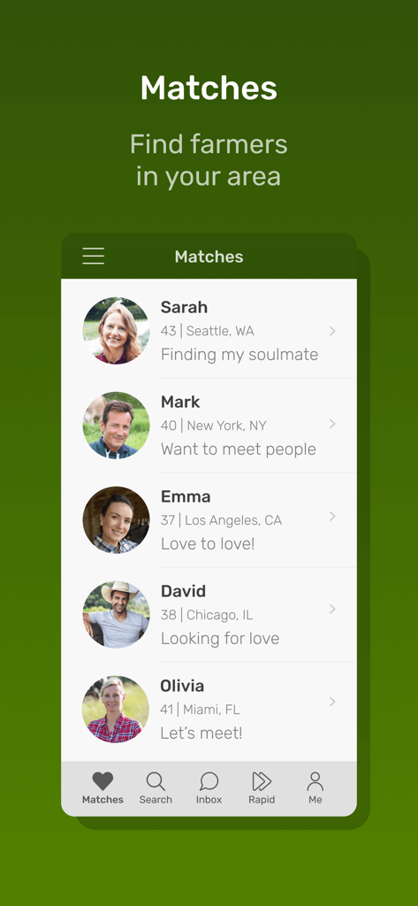 A screenshot of the Farmers Dating Site app showing a list of profiles under the matches section.