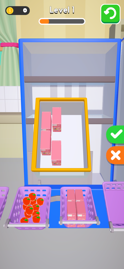 항목이 서랍에 놓이는 3D 냉장고 정리 게임