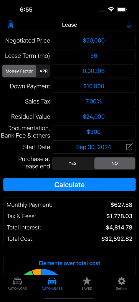 Car lease calculator screen showing monthly payment and total cost breakdown