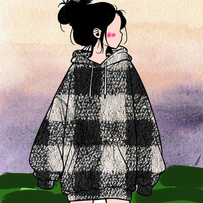 realistic girl with a oversized sweatshirt on and a bun