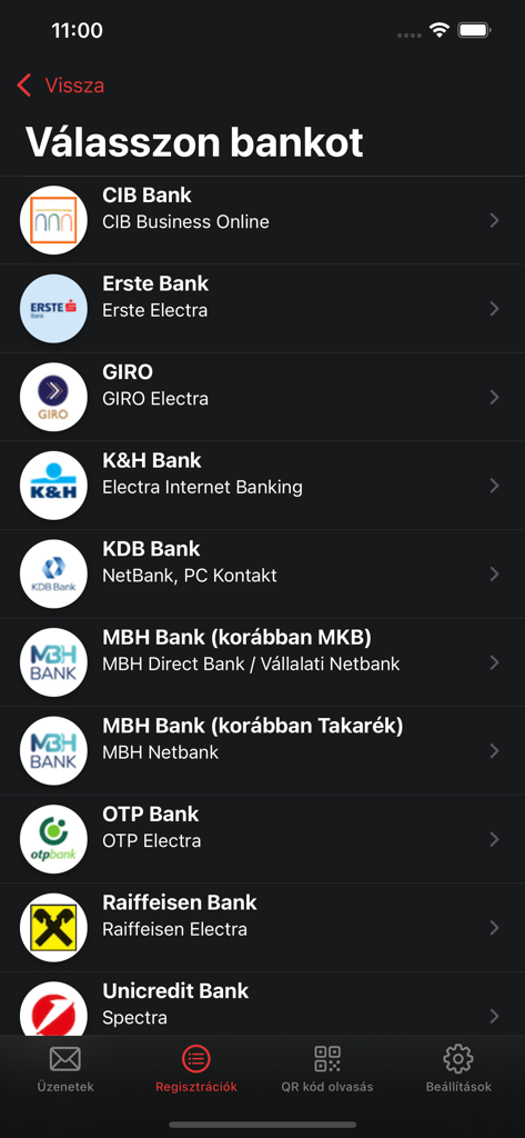 ViCA - Mobile screen showing a list of supported Hungarian banks for authentication in the ViCA app