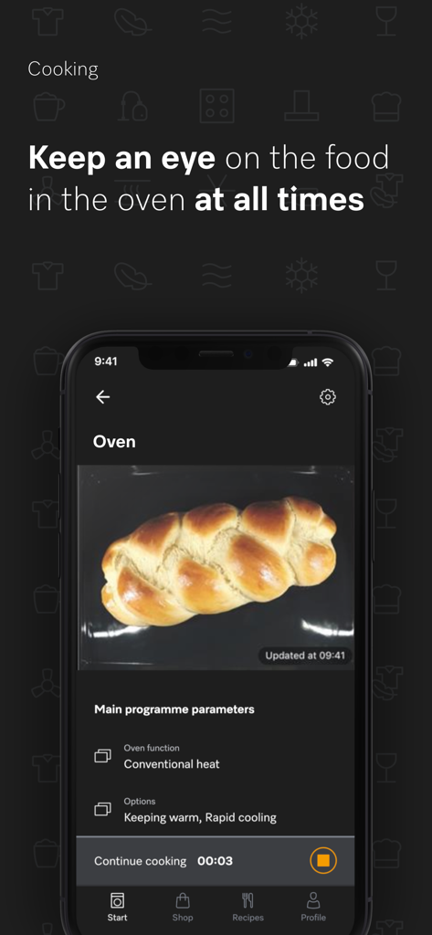 Miele app screen showing a live photo of bread baking inside a smart oven with remote control options