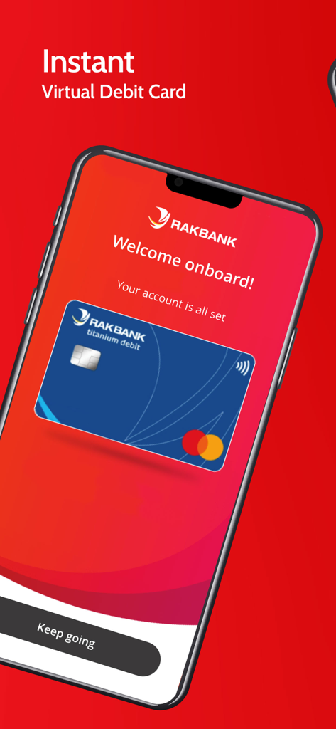 RAKBANK App - RAKBANKアプリのインターフェースに、ウェルカムオンボードメッセージ付きの即時チタンバーチャルデビットカードが表示されています。